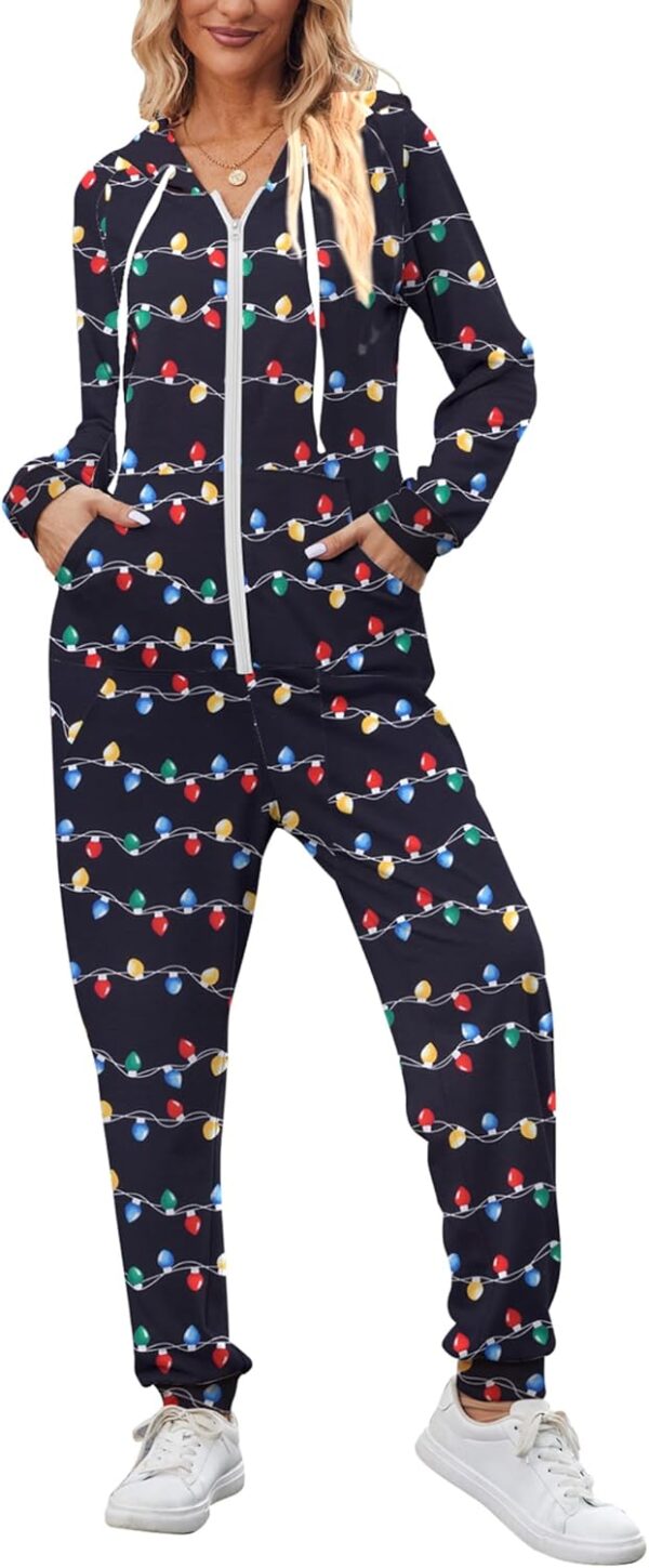 Christmas Onesies for Women Zipper Hooded Onesie Pajamas Adult Soft One Piece Pajama with Pockets
