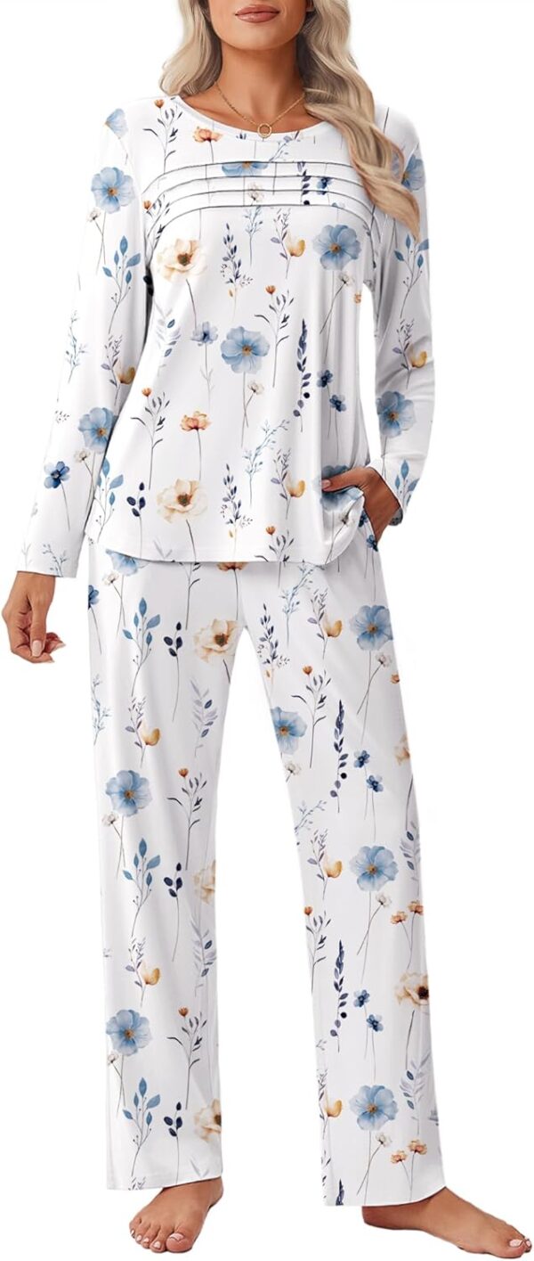 Womens Pajama Sets Pleated Tops with Long Pants Lounge Set Long Sleeve Fall Sleepwear Ladies