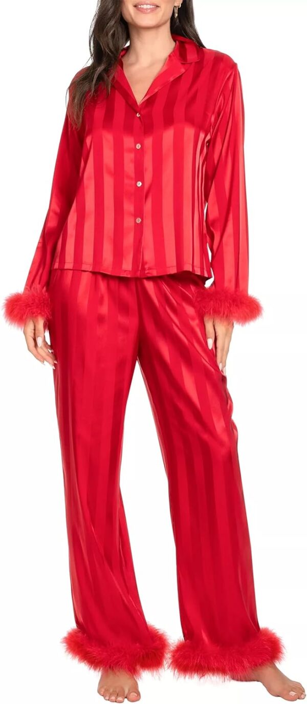 Women Satin Pajamas Striped Feather Trim Pjs Long Sleeve Button Down Shirt Pants Vacation Matching Silk Lounge Set